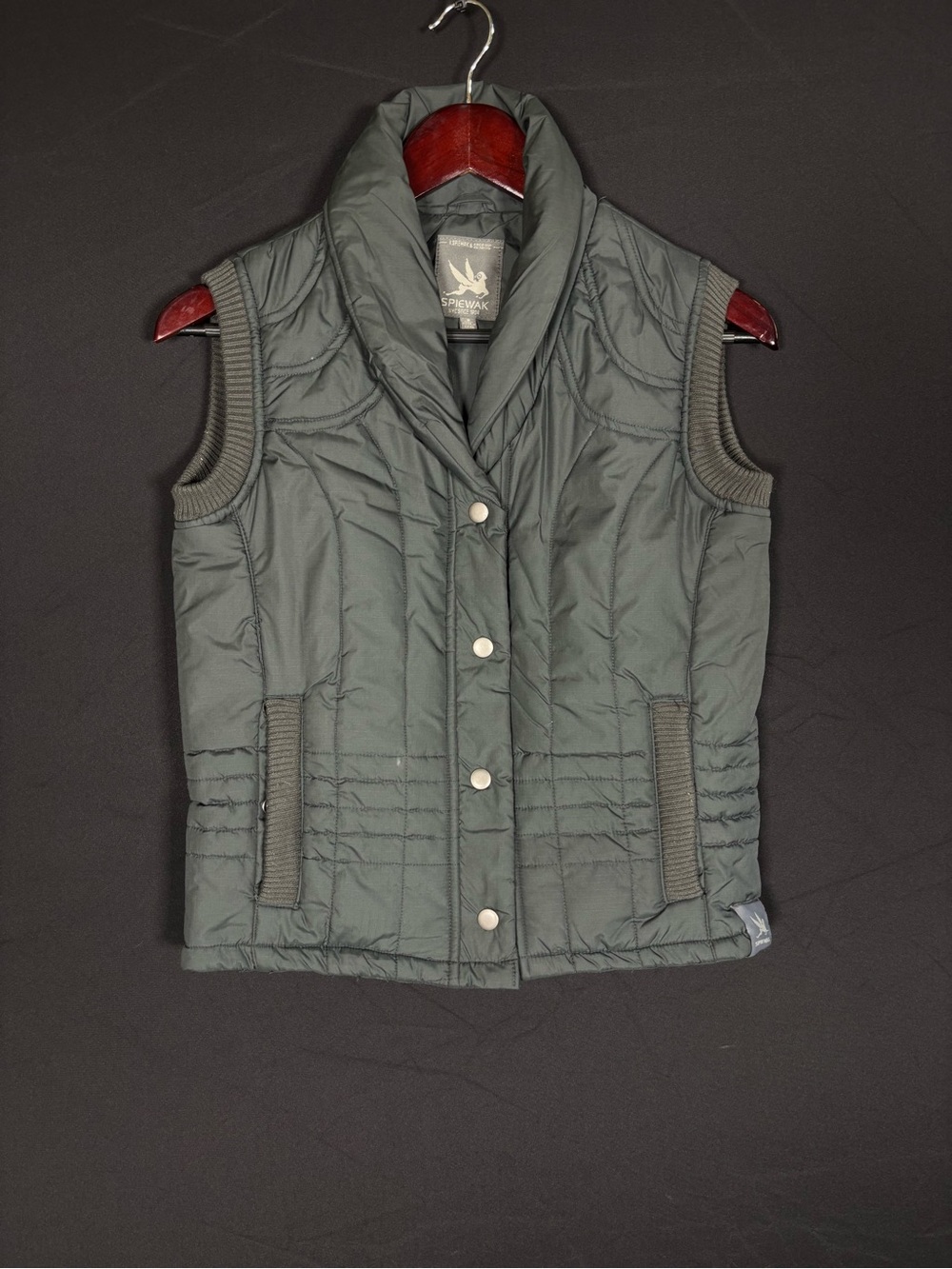 Spiewak Quilted Puffer Vest Olive Gray Snap Front Ribbed Collar Size Small